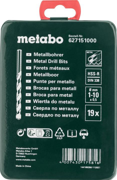 Immagine prodotto Metabo HSS-R Custodia per trapano "SP (1 mm, 1,5 mm, 10 mm, 2 mm, 2,5 mm, 3 mm, 3,5 mm, 4 mm, 4,5 mm, 5 mm, 5,5 mm, 6 mm, 6,5 mm, 7 mm, 7,5 mm, 8 mm, 8,5 mm, 9 mm, 9,5 mm)