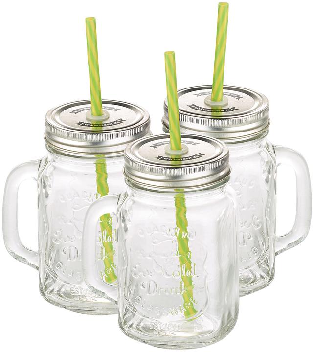 Pearl Retro-Trinkglas mit Henkel, Deckel und Trinkhalm, 3er-Set (0.45 l, 3 x)