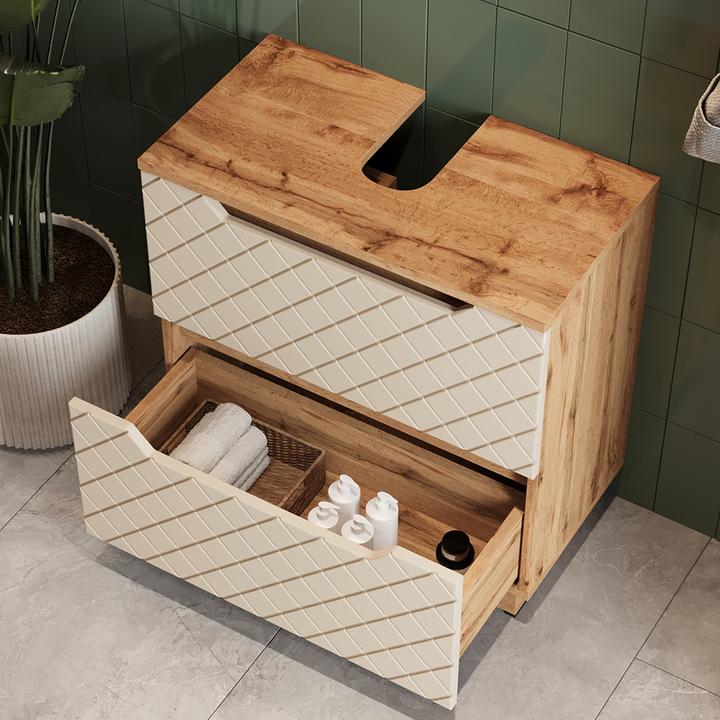 Actual product image Vicco Waschbeckenunterschrank Lotta, Eiche/Kaschmir mit Kachelstruktur, 59.8 x 62.5 cm mit 2 Schubladen (59.80 x 32 x 62.50 cm)