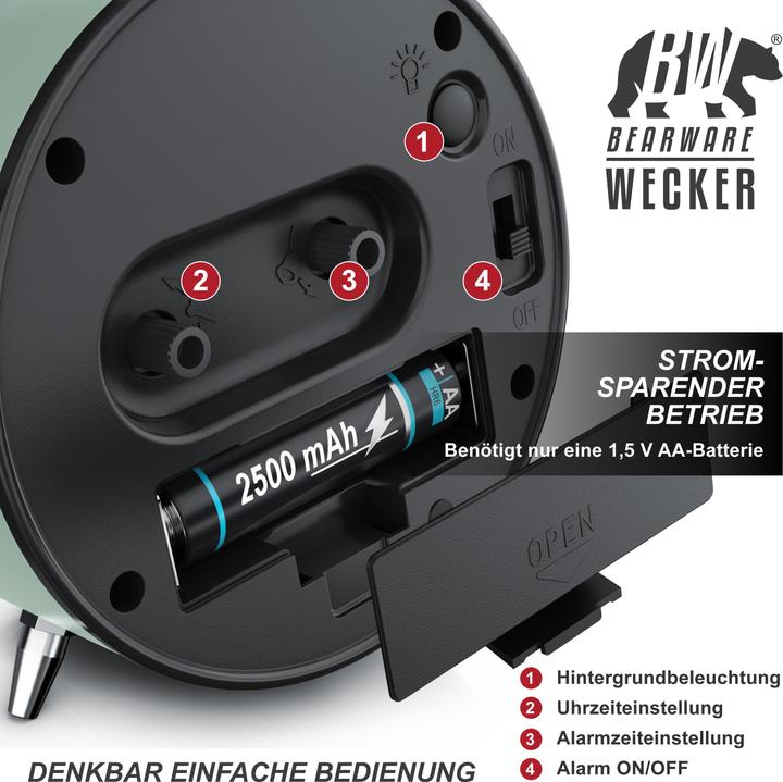 Produktbild Bearware Wecker analog, mit Licht, rund, Retro, lauter Glockenalarm, Beleuchtet, ohne Ticken, Vintage