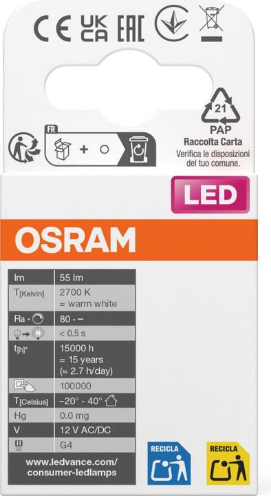Image du produit Osram LED PIN 12 V (G4, 0.60 W, 55 lm, 1 x, G)
