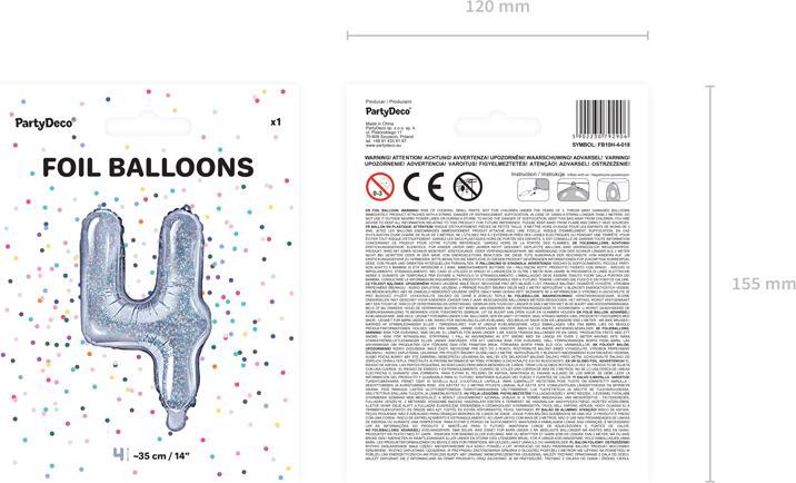Produktbild Partydeco Foil Balloon Number "4", 35cm, holographic (1 pkt / 1 pc.) (1 Stück)