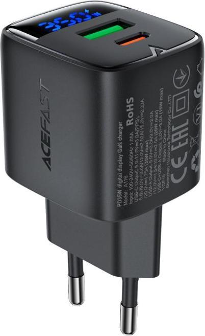 Actual product image Acefast - Wall Charger (A116) - with Digital Display, Fast Charging, GaN, Type-C, USB, PD35W - Black (35 W, 2 ports)