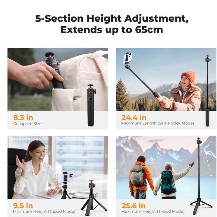 Image du produit K&F Concept MS-62 65cm Selfie Stick (Mid Size), Phone Holder, Action Cam. Adapter, 1/4"-20 Screw