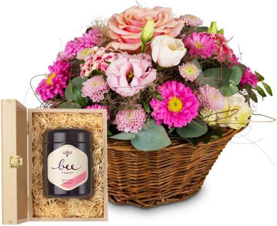 Fleurop Basket Filled with Delicate Flowers with Swiss blossom honey (Floral arrangement)
