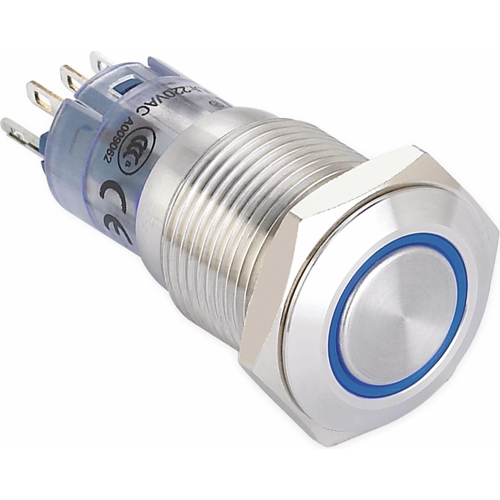 Onpow Schalter, 24 V/DC, 1x Off/On, Beleuchtung blau, Lötanschluss, flach rund, Edelstahl, 16 mm, Taster + Schalter, Bla...
