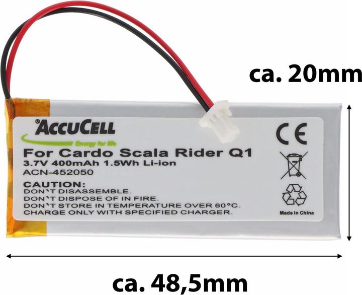 Image du produit Cardo Batterie Rider Q1, Scala Rider Q1, Q3, Scala Rider Q3, FM, Solo Batterie WW452050PL (1 pcs, Spécifique à l'appareil, 400 mAh)