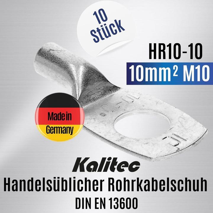 Produktbild Kalitec 10 Stück HR10-10 Handelsübliche Rohrkabelschuhe 10mm² M10 I ohne Sichtloch I Made in Germany