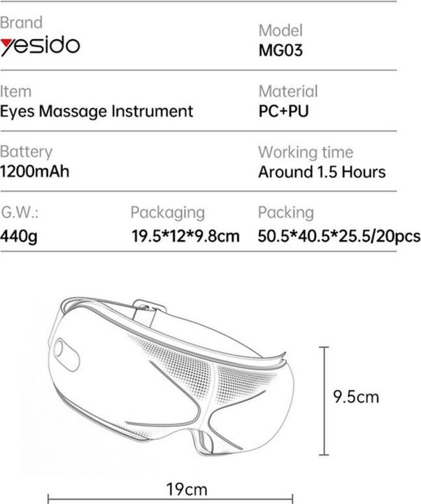 Actual product image Yesido Funktionelles Augenmassagegerät MG03 1200mAh, WEISS