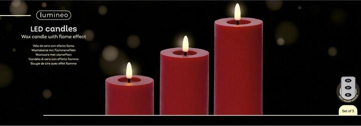 Actual product image Lumineo Led wax candle, red colour, rustic finish, ø7cm with different heights, 3 units (3x)