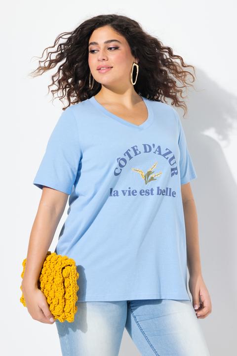 Immagine prodotto Ulla Popken T-shirt dal taglio svasato con ricami, scollo a V e mezze maniche (62)