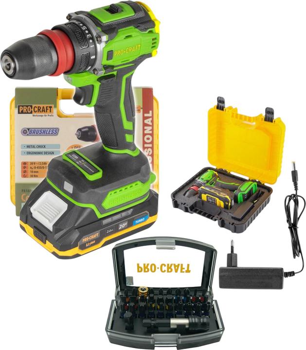 Produktbild Procraft PA18PRO DFR-1B-C Akku Bohrschrauber 20 V 30 Nm Brushless + 1x Akku 2,0 Ah + Ladegerät + 32 (Bohrschrauber)