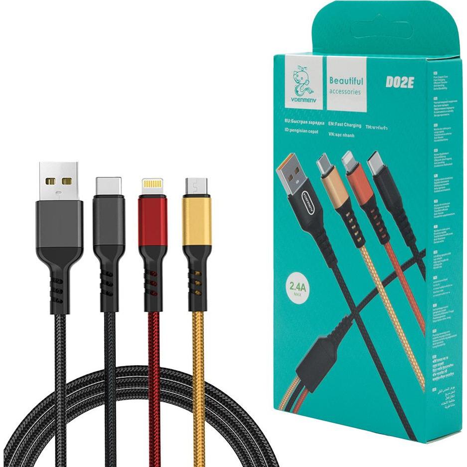 Diverse Verläge USB-KABEL 3IN1 DENMEN COLOR 2.4A 1M VERSTÄRKTES GEFLOCHTEN D02E (1 m), Cavo USB