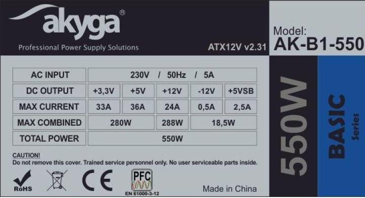 Image du produit Akyga Basic ATX Power Supply 550W AK-B1-550 Fan12cm P4 3xSATA PCI-E (550 W)