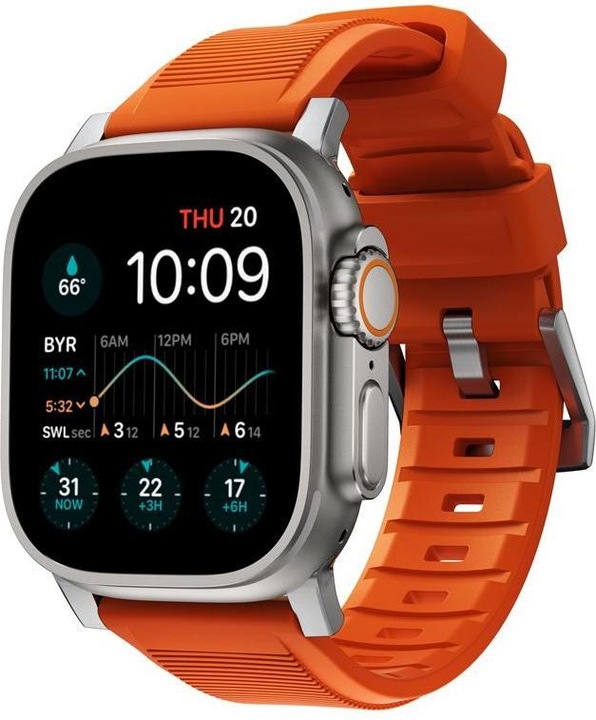 Nomad Rugged Strap -ranneke, Apple Watch 49 / 45 / 44 /, oranssi / hopea (45 mm, 44 mm, 42 mm, 49 mm, Plastic, Apple Watch Series 9)