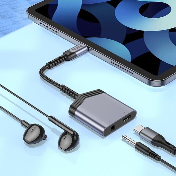 Actual product image Hoco Cable adapter AUX 2in1 Type C to Type C / Jack 3,5 mm 27W LS39 metal gray (USB Type C)