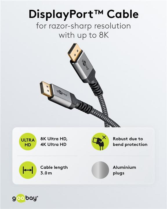 Productafbeelding Goobay DisplayPort-kabel, DP 1.4, 3 m, Sharkskin grijs (3 m, DisplayPort)