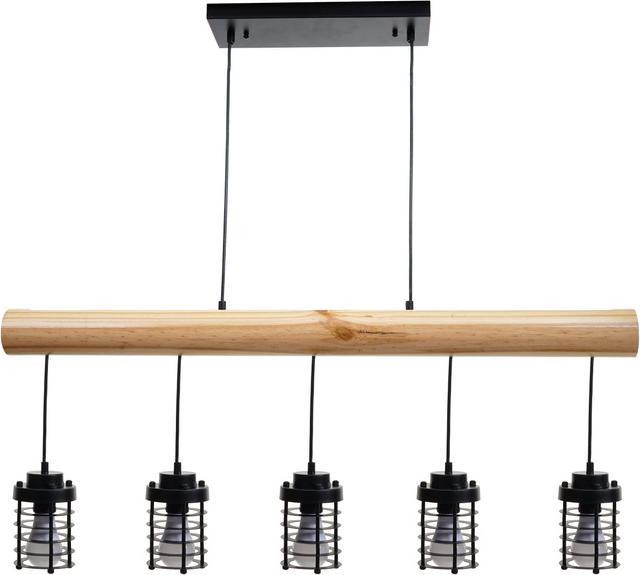 Immagine prodotto Swisshandel24 Lampada a sospensione, legno massiccio industriale vintage in metallo nero - 5 paralumi a gabbia (E27)