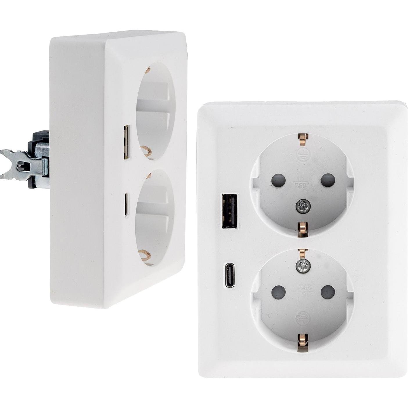 Milos Systems, Steckdose, MILOS Schutzkontakt-Steckdose 23719, 2-fach, 2in1, USB-A+C/PD, 16A/250V, weiss