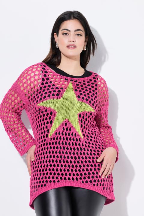 Actual product image Angel of Style 3/4-Sleeve Relaxed Fit Crew Neck Perforated Knit Star Sweater (48)