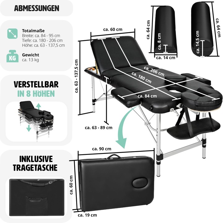 Immagine prodotto tectake Lettino per massaggi a 3 zone con schienale e bolster