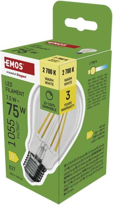 Produktbild Emos LED Lampe Filament A60 / E27 / 7,5 W (75 W) / 1 055 lm / Warmweiss / dimmbar (E27, 1055 lm, 1x)