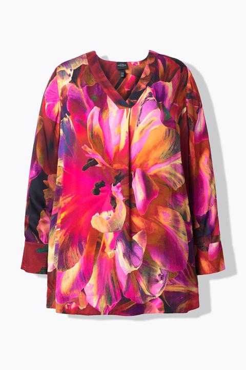 Produktbild Ulla Popken Satinbluse, Blüten, V-Ausschnitt, Langarm (60)