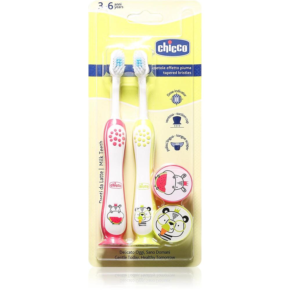 Chicco Mehrfarbig Handzahnbürste, Zahnbürste Für Kinder 3-6 Jahre Hippo Und Panda 2 Stück (Extra Weich, 2X)