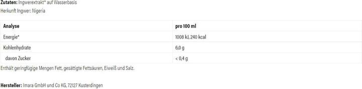 Nutritional values and ingredients Ultra Sports Ginger extract (1 Piece, Liquid)