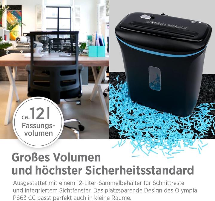 Produktbild Olympia PS 63 CC Aktenvernichter mit Partikelschnitt P-4, 4 x 30 mm, bis 6 Blatt, schwarz (Partikelschnitt)