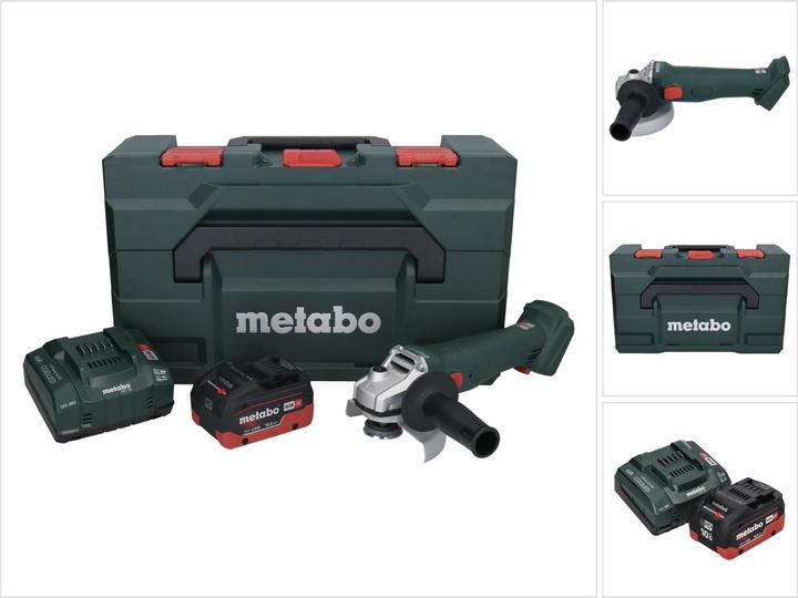 1x Metabo W 18 L 9-125 cordless angle grinder, 1x protective cover, 1x support flange, 1x two-hole nut, 1x additional handle, 1x two-hole spanner, 1x Metabo LiHD battery pack 18V 10.0 Ah Li-Ion battery, 1x Metabo ASC 145 charger, 1x Metabo metaBOX 165 L
