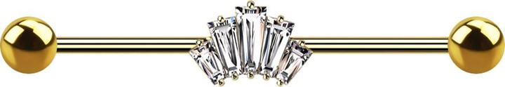 Produktbild Star Piercing Barbell vergoldet mit zwei Kugeln fünf Baguette Kristalle silber (Messing, Chirurgenstahl 316L)