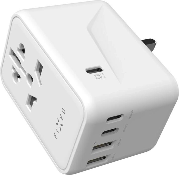 Actual product image Fixed Voyager 65 W travel adapter for EU, UK and USA/AUS, with 3xUSB-C and 2xUSB output, GaN, PD 65W, whit