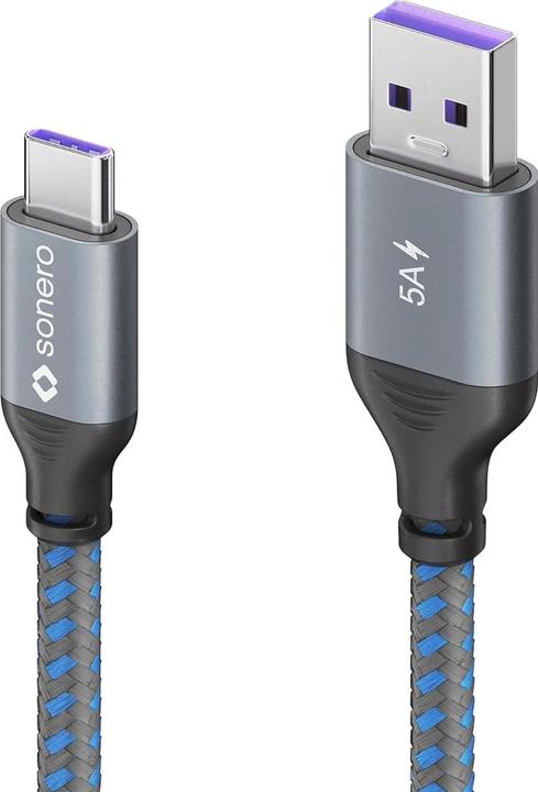 Produktbild Sonero USB-C auf USB-A Ladekabel - USB 2.0 Super-Fast Charge 5V/5A - grau/blau - 1,50m (1.50 m, USB 2.0)