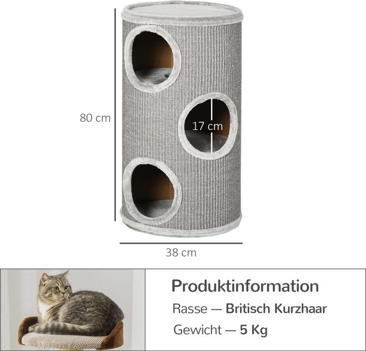 Actual product image PawHut Scratching bin with 3 caves (70 cm, Light grey)