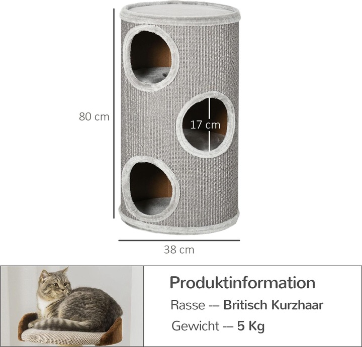 Immagine prodotto PawHut Cestino per grattini con 3 vani (70 cm, Grigio chiaro)