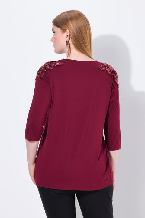 Image du produit Ulla Popken T-shirt avec fleurs en paillettes sequins, décolleté rond et manches 3/4, coupe évasée (50, 52)