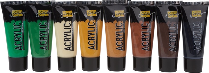 Produktbild Solo Goya Acrylic Set (Beige, Kobaltblau, Lichtgrün, Oxydbraun dunkel, Elfenbein, Laubgrün, Coelinblau, Gelbgrün, Ultramarinblau, Türkis, Violett, Echtorange, Permanentgrün, Primärblau, Dunkelbraun, Goldocker, Rosé, Terracotta, Lichtblau, Weinrot, Karminrot, Echtgelb hell, zinnoberrot, 640 ml)