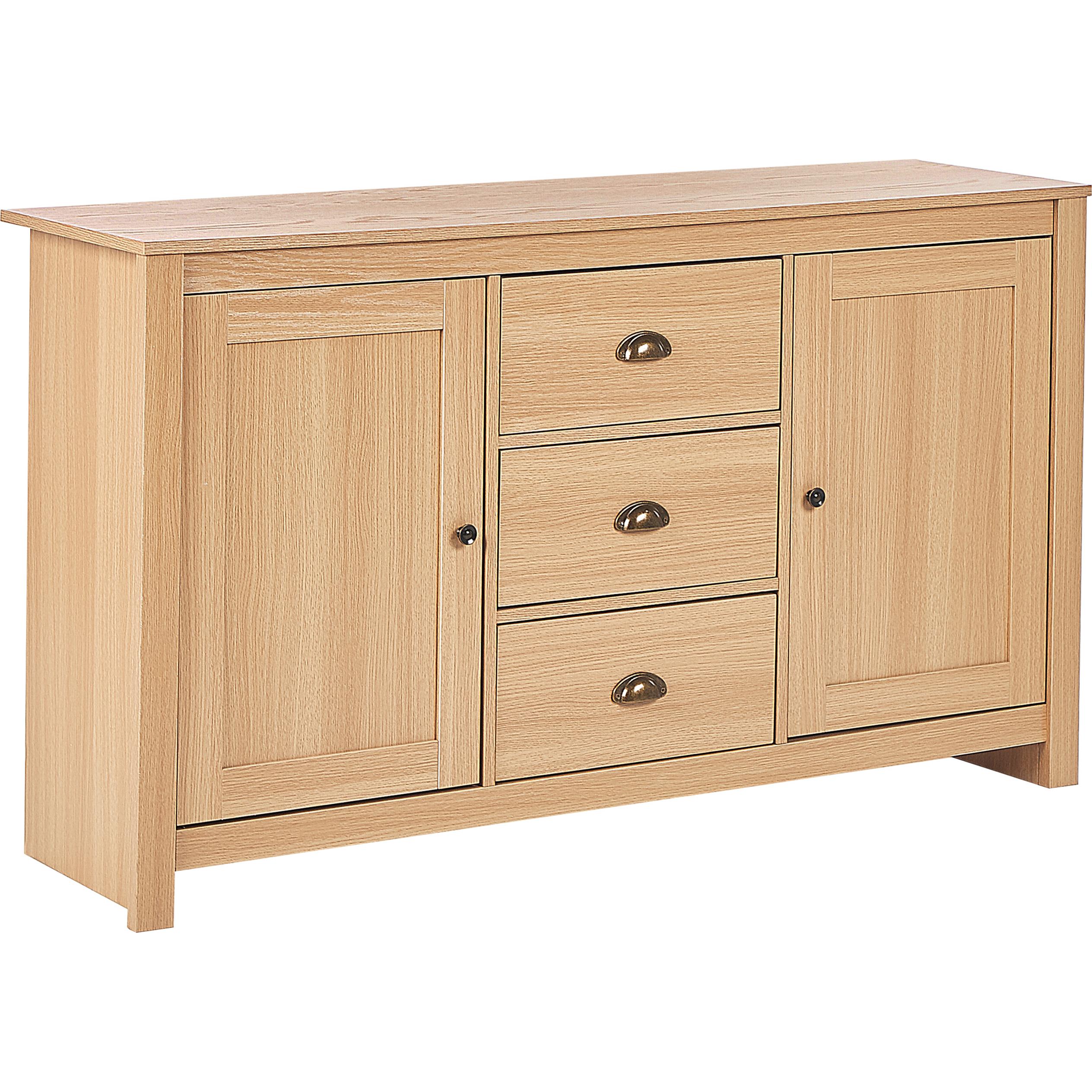 Beliani, Kommode + Sideboard, Sideboard heller Holzfarbton 3 Schubladen 2 Türen LANSIN (140 x 80 x 40 cm)