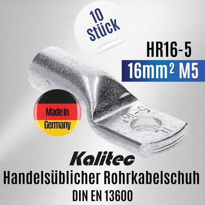 Produktbild Kalitec 10 Stück HR16-5 Handelsübliche Rohrkabelschuhe 16mm² M5 I ohne Sichtloch I Made in Germany