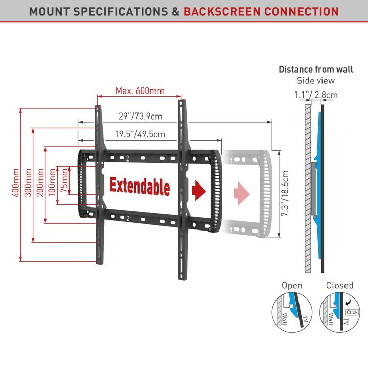 Image du produit Barkan Support TV mural 33-90", Fixe, Métal (Mur, 60 kg, 13" - 90")