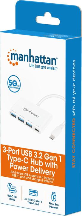 Produktbild Manhattan 3-Port USB 3.2 Gen 1 Typ-C Hub mit Power Delivery (USB-C, 4 Ports)