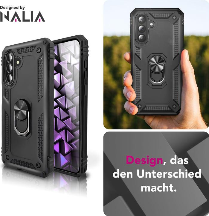 Produktbild Nalia RingDefend - Schwarze Panzerhülle mit 360-Grad Finger-Halter & Ständer - Military Style Cover (Samsung Galaxy A36)