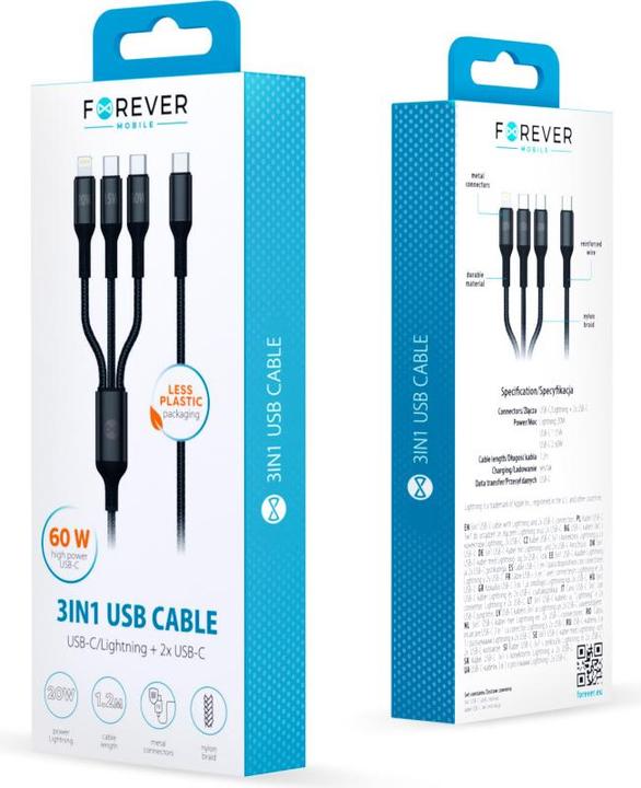 Actual product image Forever 3in1 cable USB-C - Lightning + 2x USB-C 1,2 m 60W black (1.20 m, USB 3.2 Gen 1, 60 W)