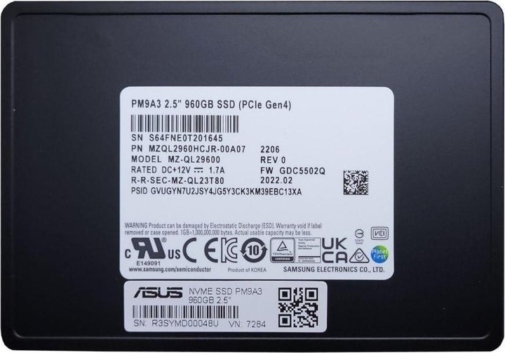 Produktbild ASUS Dysk-Server PM9A3 960 GB 2,5 Zoll PCI-E x4 Gen 4 NVMe (90SKH00-MEXAN0) (960 GB, 2.5")