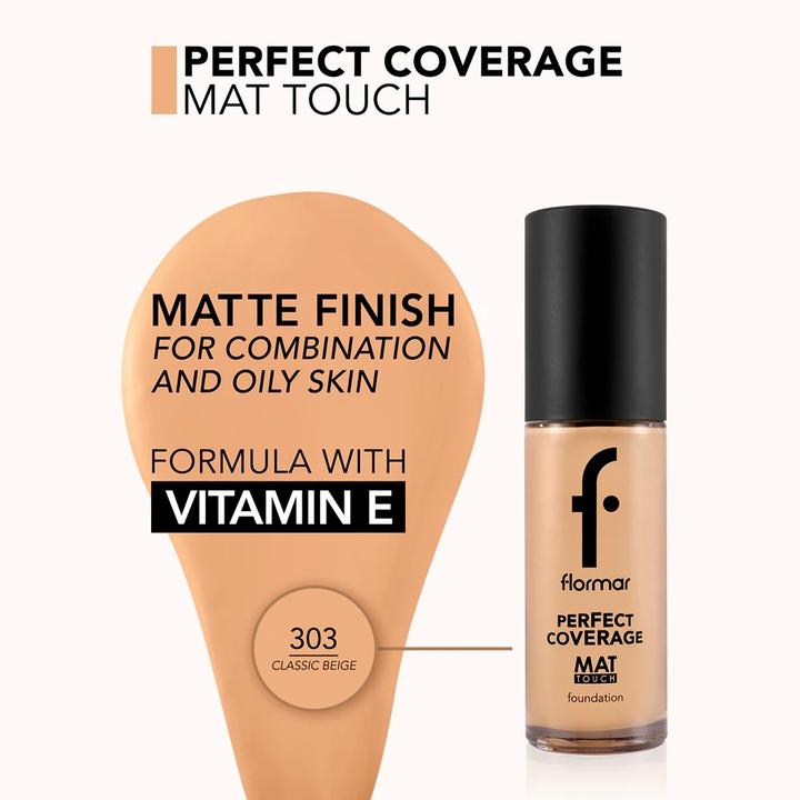 Produktbild Flormar Perfect Coverage Mat Touch Foundation - 303 Classic Beige, 30 ml