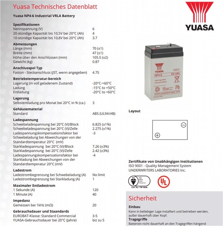 Actual product image Yuasa Battery NP4-6, Faston 4,8mm (6 V, 4 Ah)