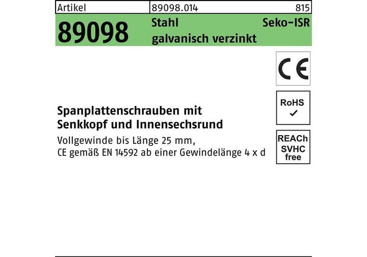 Produktbild Reyher Spanplattenschraube R 89098 SEKO VG ISR 3 x 45/27 -T10 Stahl galvanisch verzinkt (200 Schrauben pro Stück)