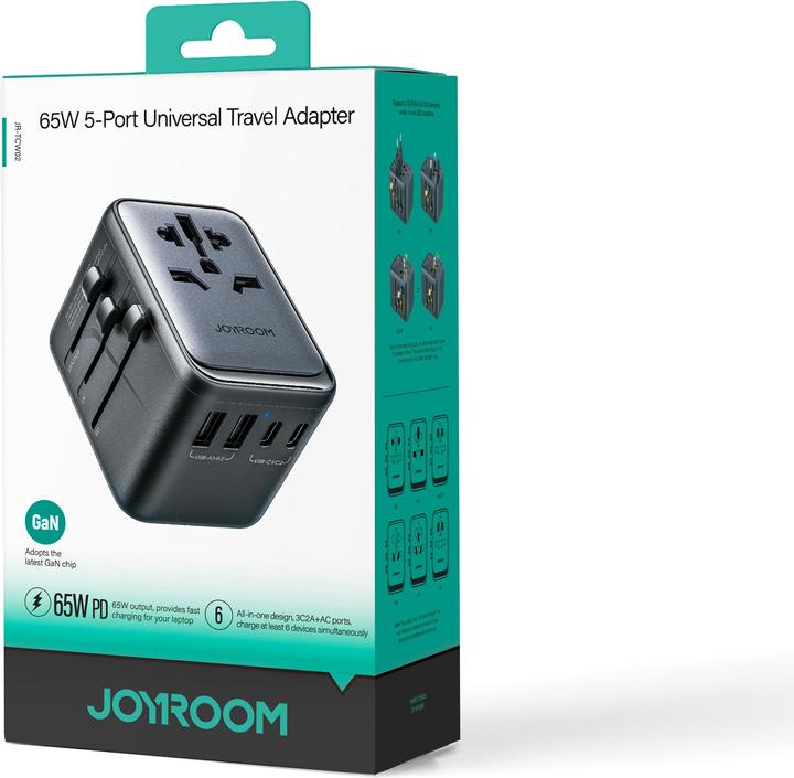 Actual product image Joyroom 65W GaN Universal Travel Adapter 3 USB-C & 2 USB-A