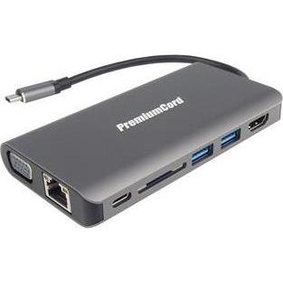 PremiumCord PÅ™evodník USB3.1 tipo C na HDMI+VGA+RJ45+2xUSB3.0+SD card ++PD charge (USB 3.1), Adattatore dati + video